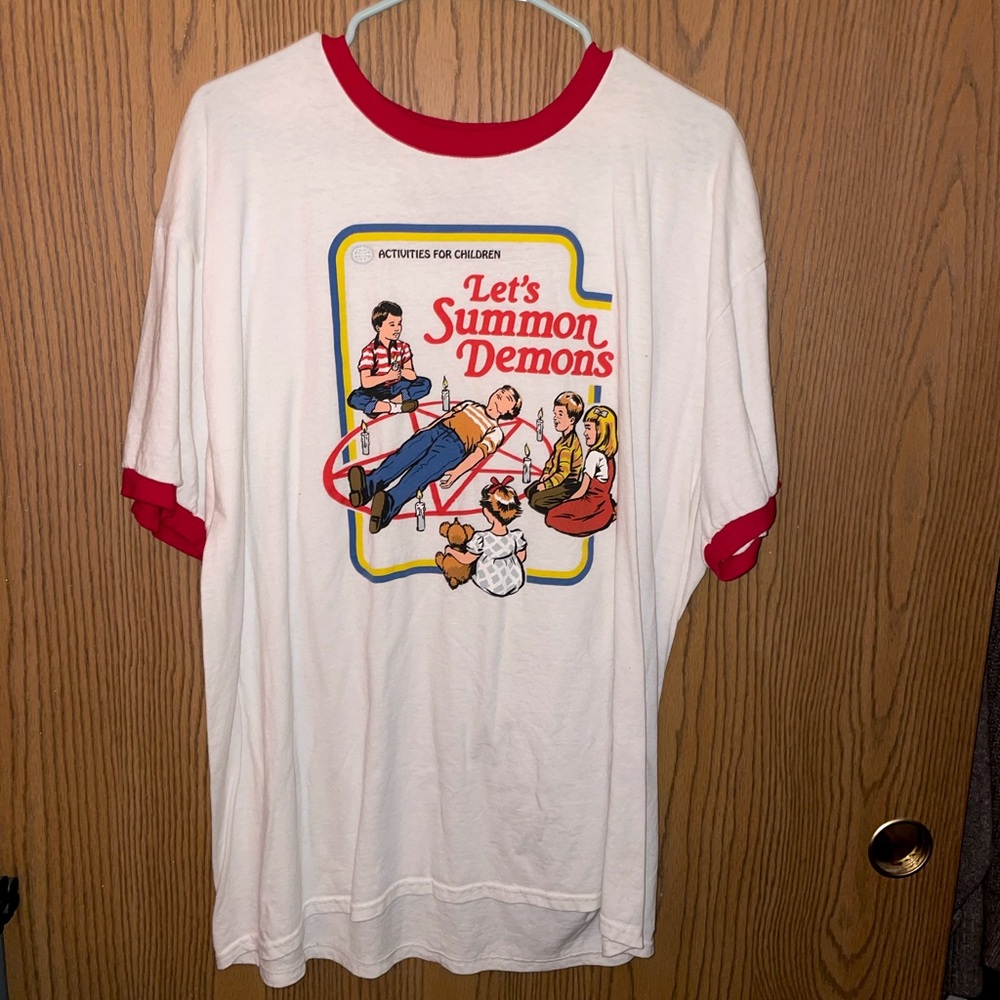White & Red Ringer Tee "Let's Summon Demons" Graphic Shirt